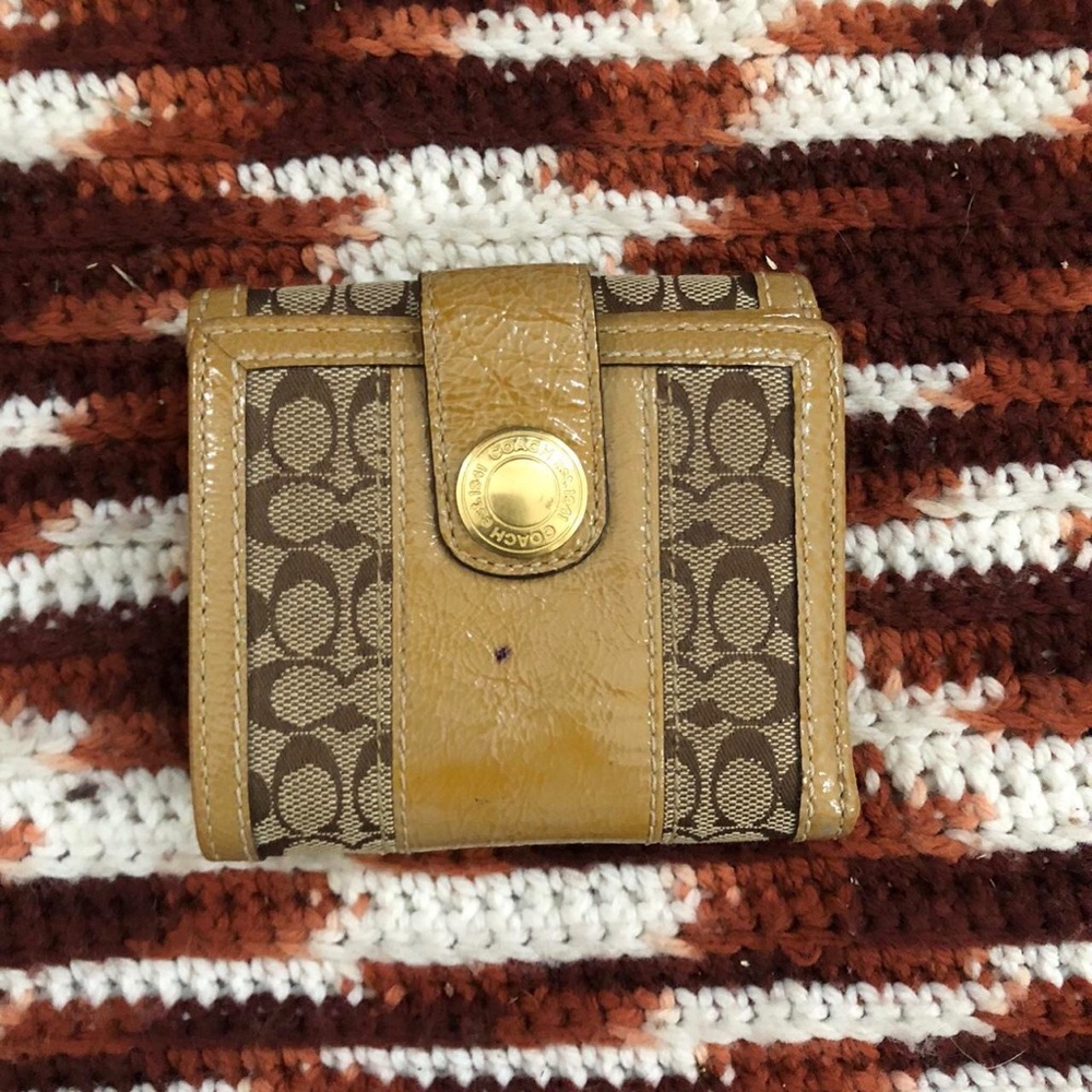 Coach Brown Signature Monogram Leather Patchwork Bifold French Wallet Vintage
